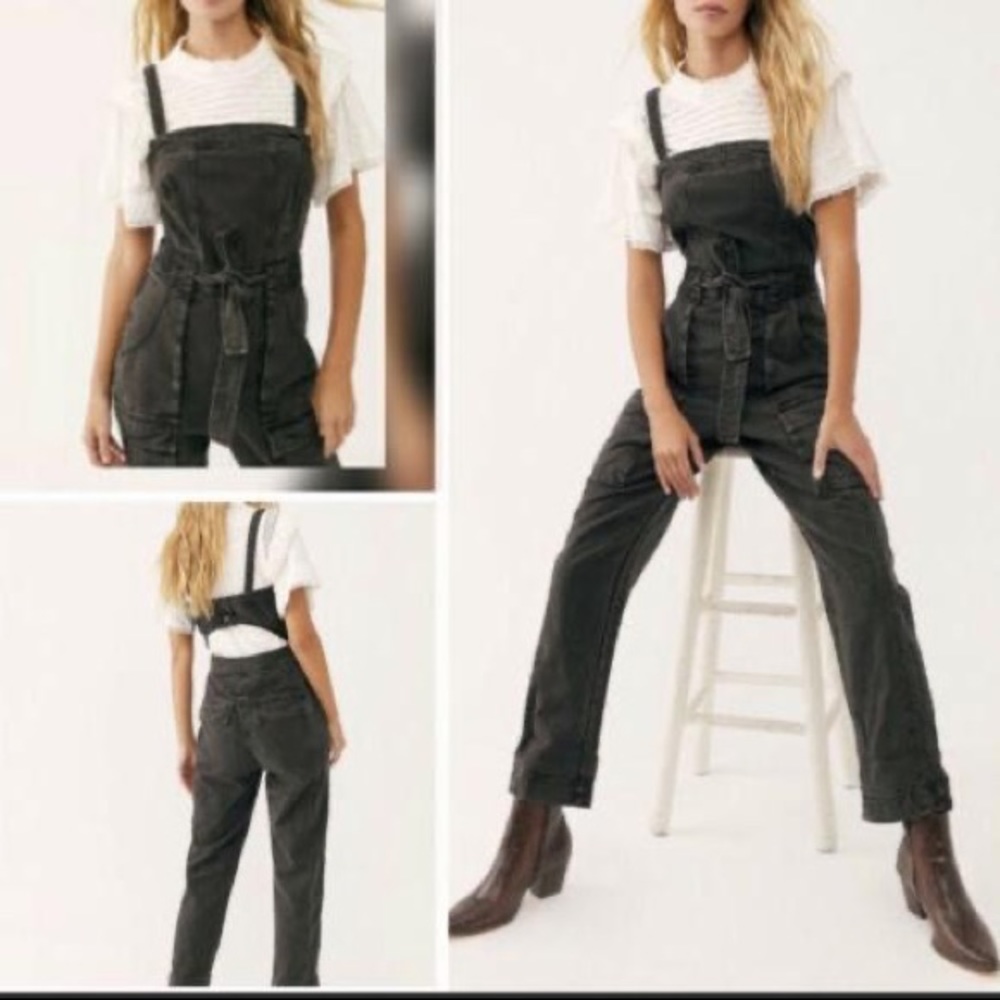 Free People Go West Washed Black Utility Jumpsuit Overalls Black Boho